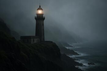 Farol nos Açores envolto em névoa