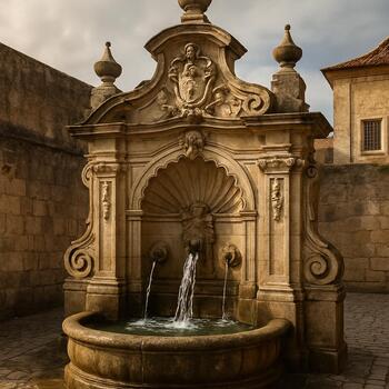 Chafariz de pedra do século XVII com água correndo