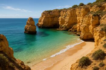 Pequena enseada calma no Algarve com areia clara