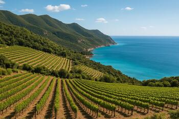 Vinhas ao pé da Serra da Arrábida com o mar ao fundo