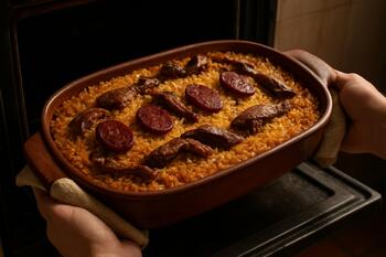 Arroz de pato saindo do forno com crosta dourada