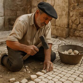 Artesão calceteiro assentando pedras da calçada