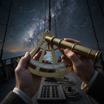 Navegador medindo a altura dos astros com instrumento