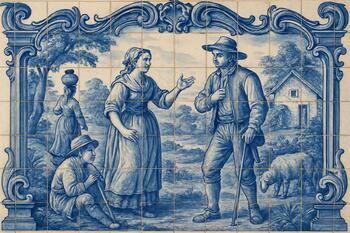 Painel de azulejaria figurativa azul e branco