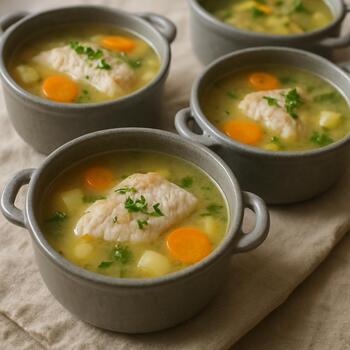 Caldo de peixe em panelas individuais