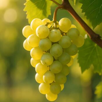 Cacho de uvas brancas iluminado pela manhã