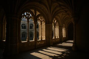 Claustro manuelino com luz entrando pelos arcos