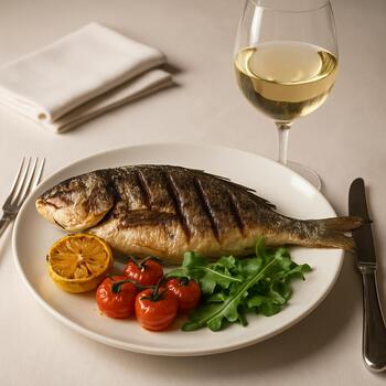 Prato de peixe grelhado ao lado de taça de vinho branco