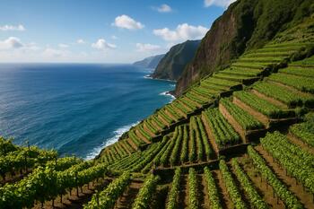 Vinhas na Madeira em socalcos junto a falésia sobre o mar