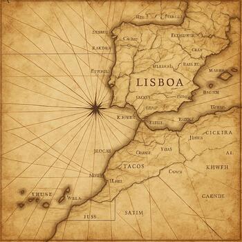 Mapa portulano antigo centrado em Lisboa com linhas de rumo