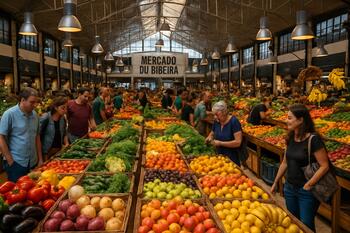 Mercado com bancas de produtos frescos
