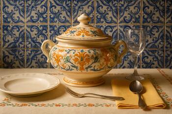 Mesa portuguesa com terrina sobre toalha e azulejo ao fundo