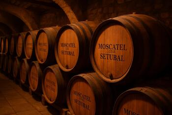 Barricas de Moscatel de Setúbal em cave
