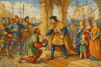 Painel de azulejos representando cena histórica