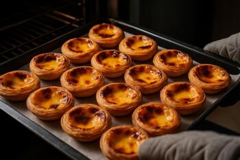 Tabuleiro com pastéis de nata saindo do forno
