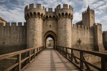 Porta de fortaleza com ponte sobre fosso