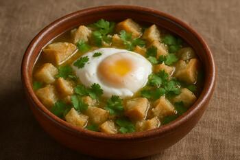 Sopa alentejana com ovo escalfado e coentros