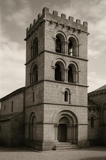 Torre de igreja românica com silhueta maciça