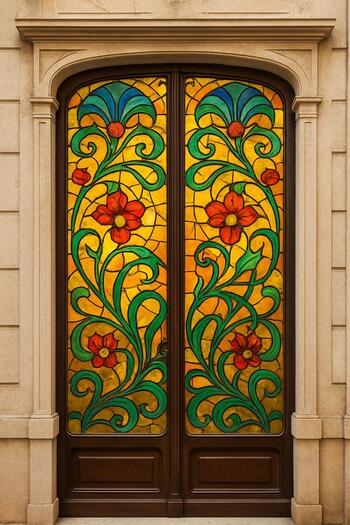 Porta com vitral Arte Nova de cores vivas